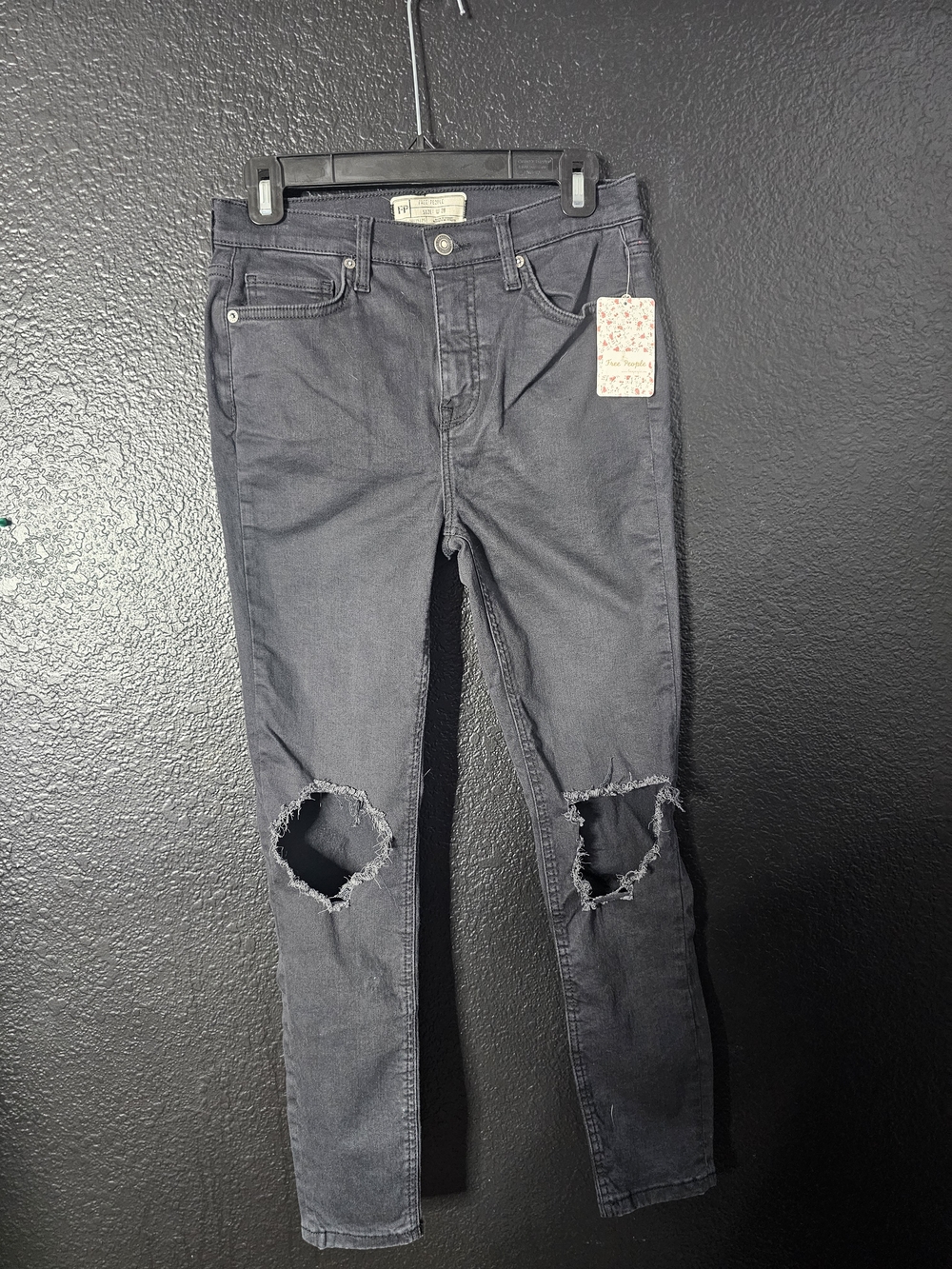 Free People Black Distressed Ankle Jeans with Knee Holes